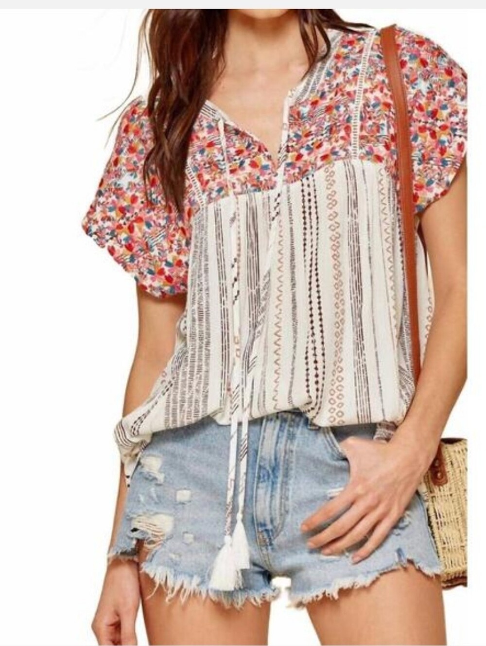 Savanna Jane Cream Boho Peasant Top with Multicolor Floral Embroidery